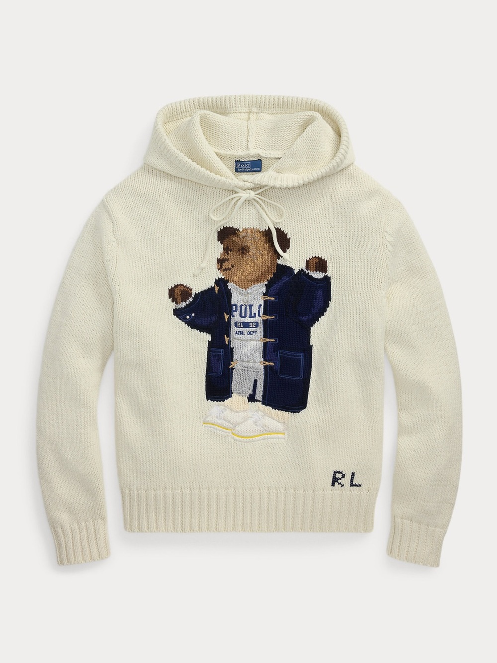 Polo by Ralph Lauren Cream Hoodie Sweater with Bear Intarsia